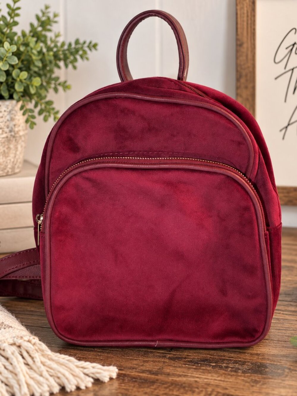 Burgundy Mini Backpack Faux Suede Velvet Gold Tone Zipper Small Purse 11x9x4